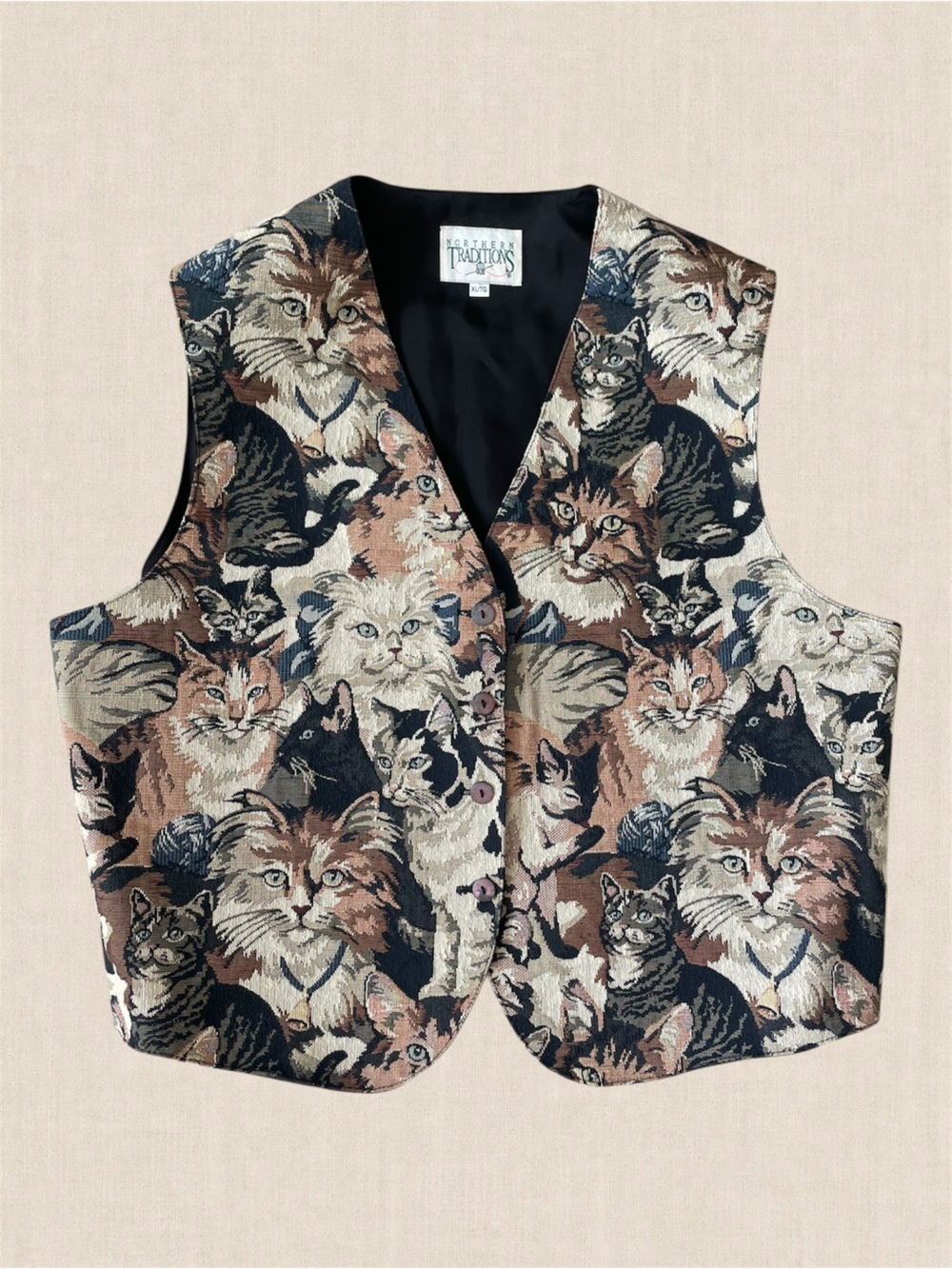 Vintage Northern Traditions Cat Tapestry Vest XL Made Canada Kitty Cottagecore